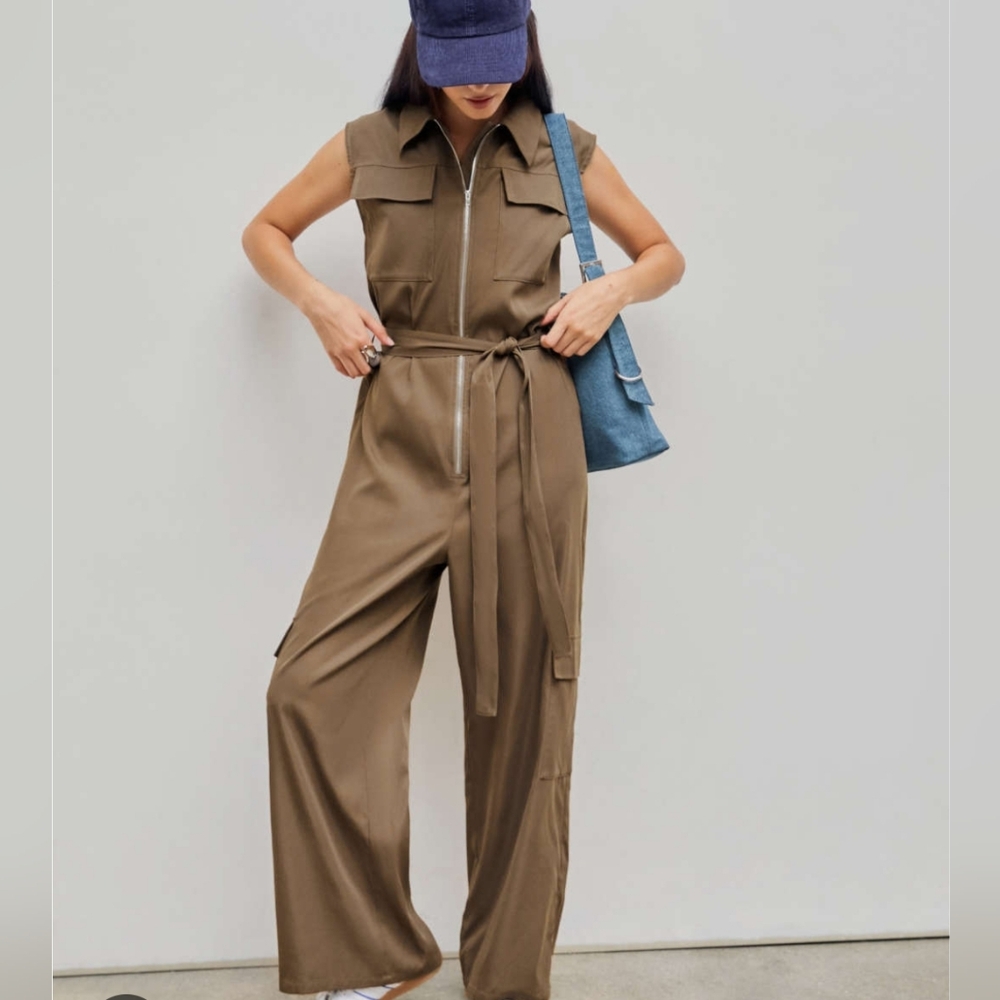 Cider Collar Cargo Jumpsuit With Belt - XL
